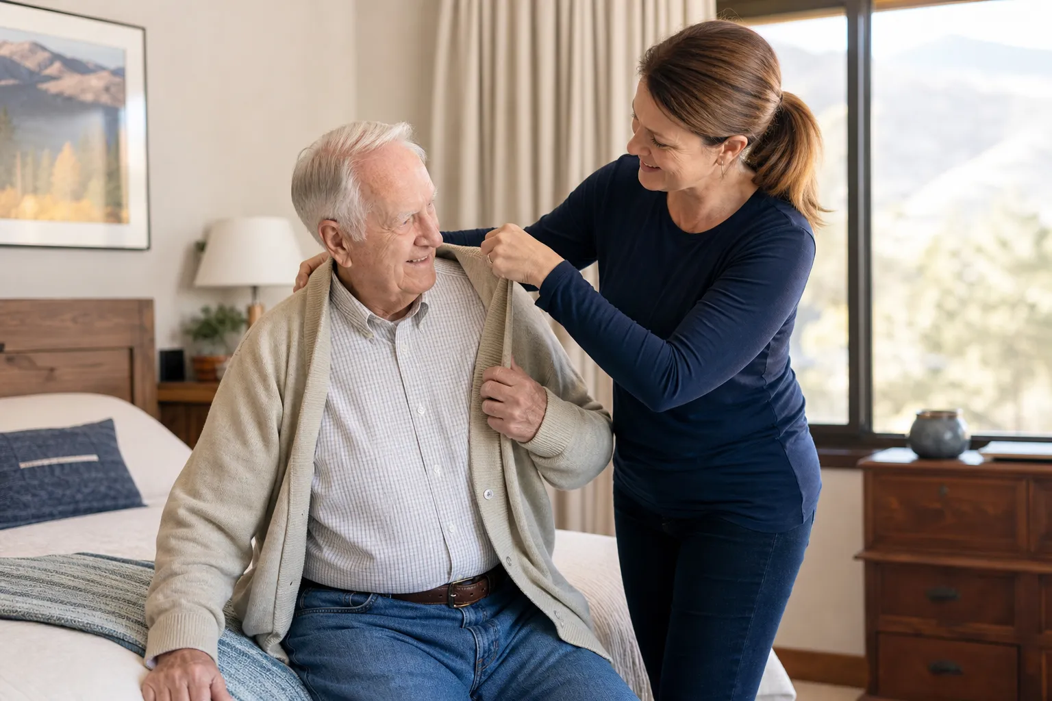 A caregiver respectfully helping an older adult with a cardigan at home